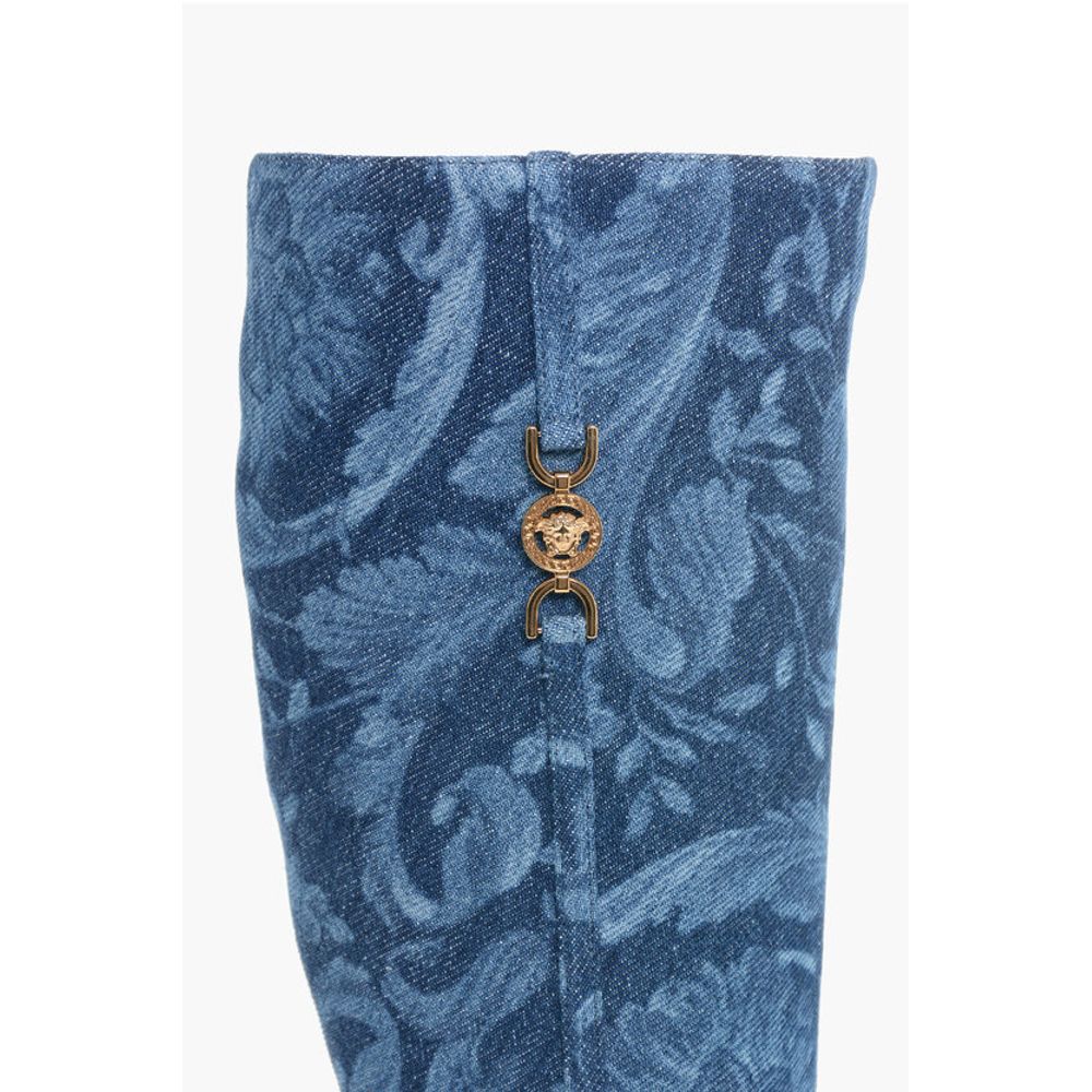Versace Denim LA GRECA Under the Knee Boots with Stiletto Heel 11cm
