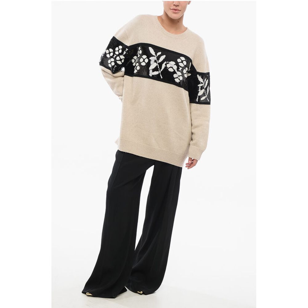 Max Mara Cashmere Blend FAGGI Crew Neck Pullover with Sequined Embroi