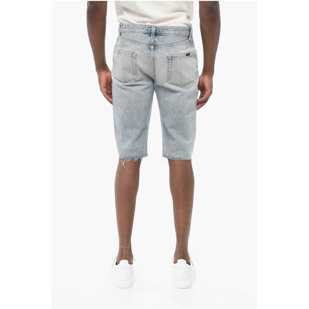 Saint Laurent Light Wash Denim Shorts with Fringed Bottom