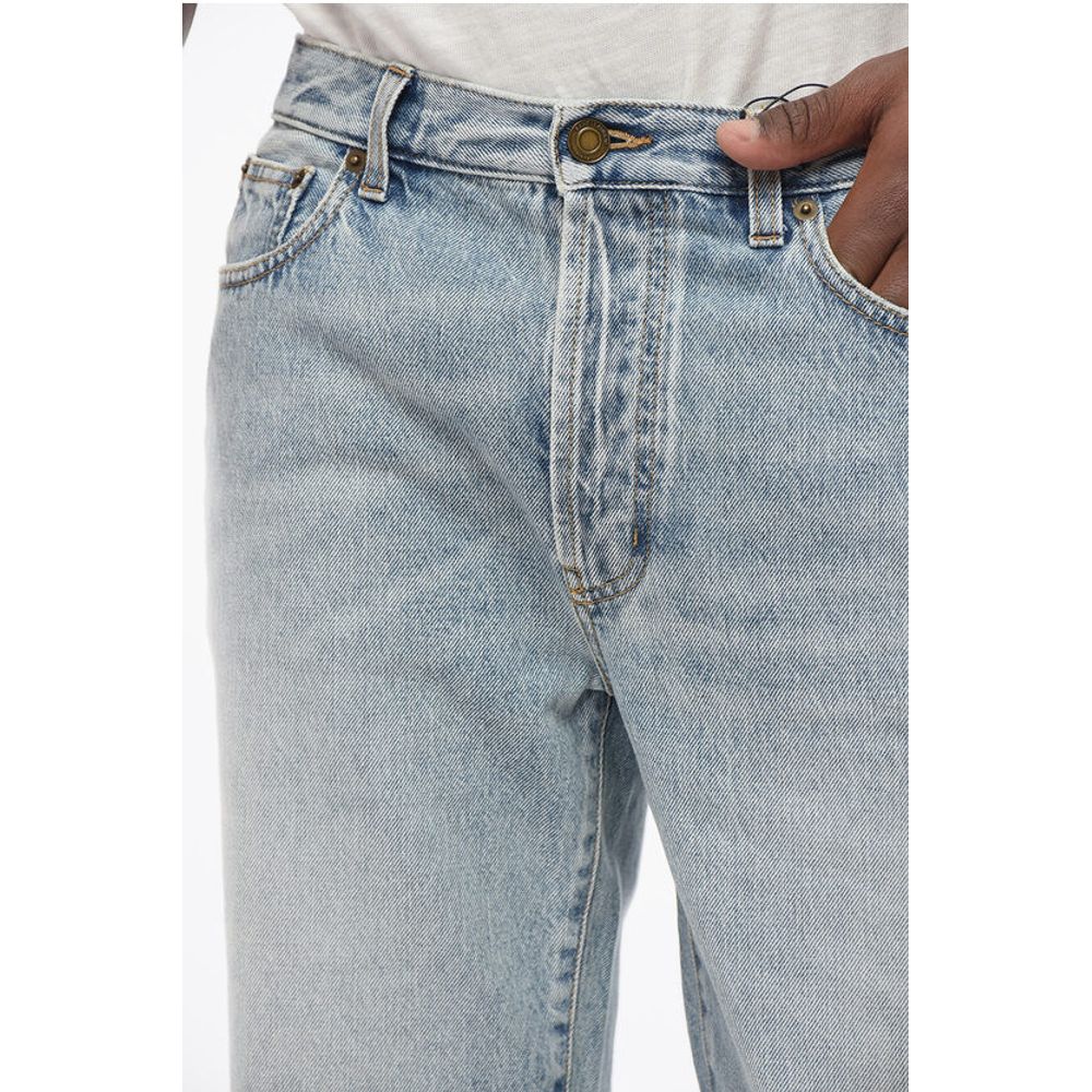Saint Laurent Light Wash Denim Shorts with Fringed Bottom