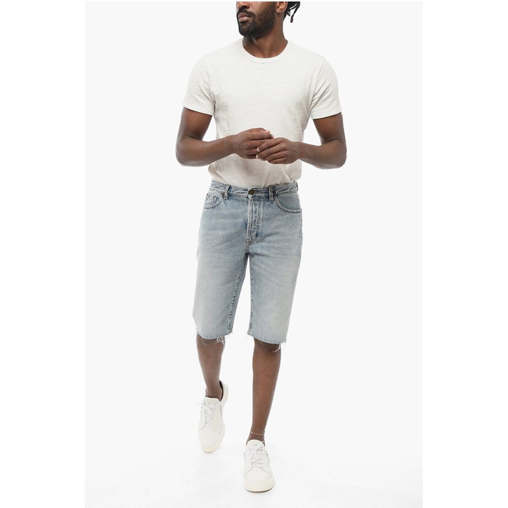 Saint Laurent Light Wash Denim Shorts with Fringed Bottom