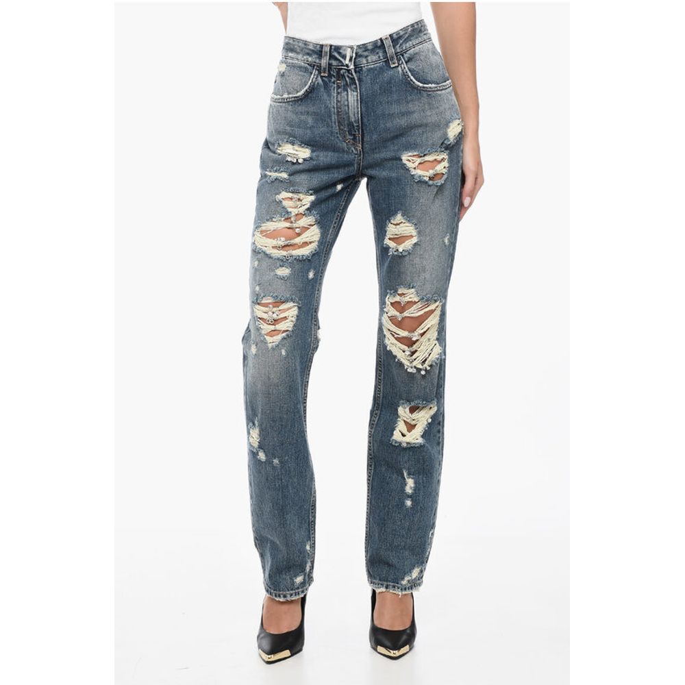 Givenchy Distressed Cotton Slim Fit Denims with Jewel Details 18cm