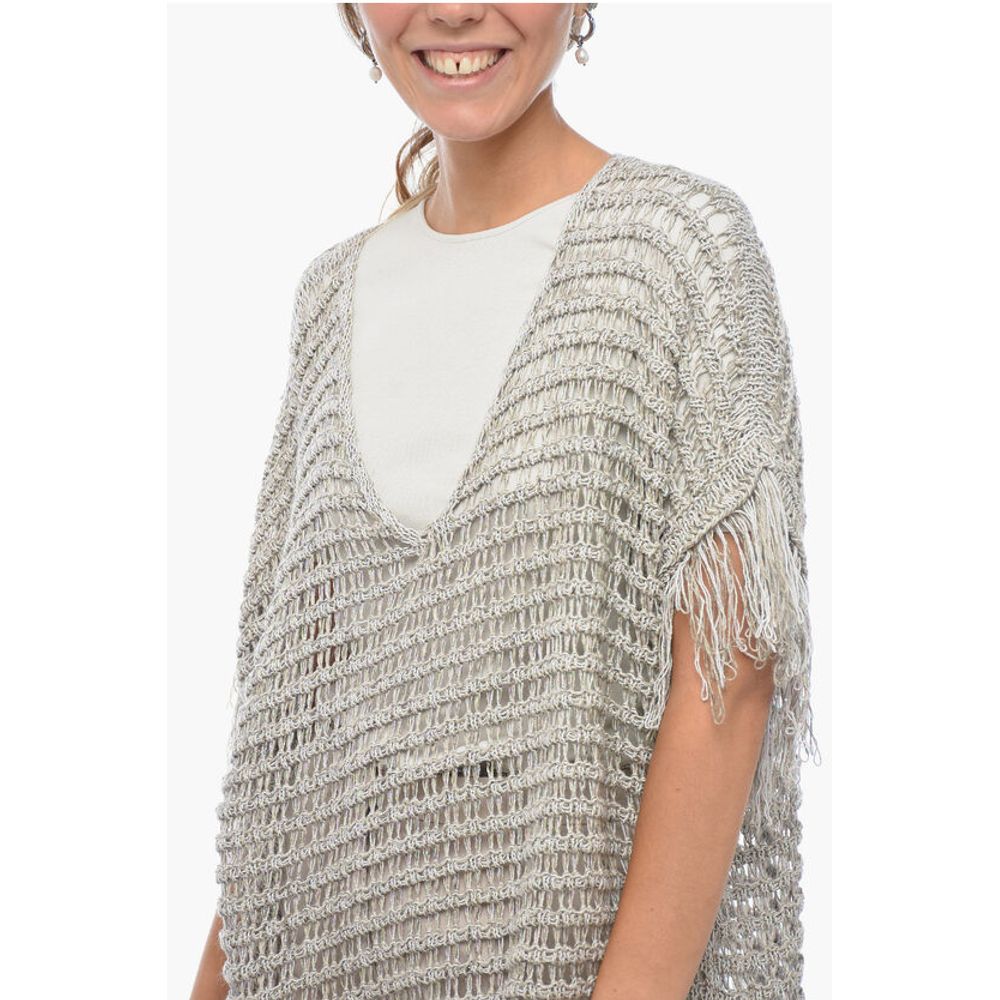 Fabiana Filippi Short-sleeved Flax Blend Crochet Sweater with Fringes