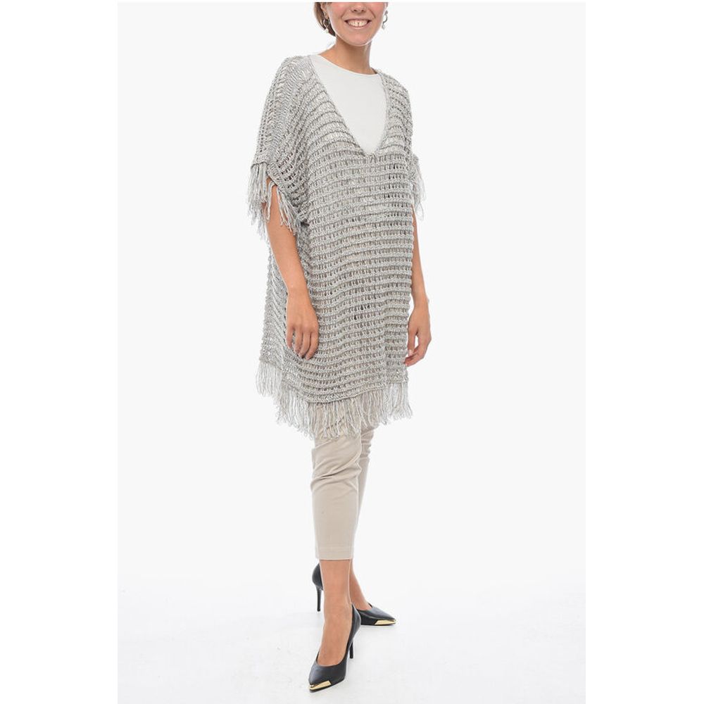 Fabiana Filippi Short-sleeved Flax Blend Crochet Sweater with Fringes