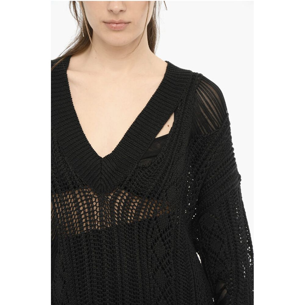 Perforated V-Neck Maxi Sweater With Cut-Out Details