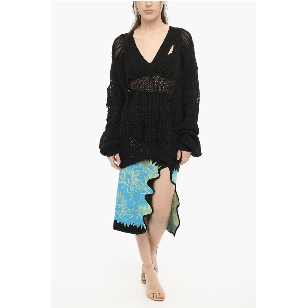 Perforated V-Neck Maxi Sweater With Cut-Out Details