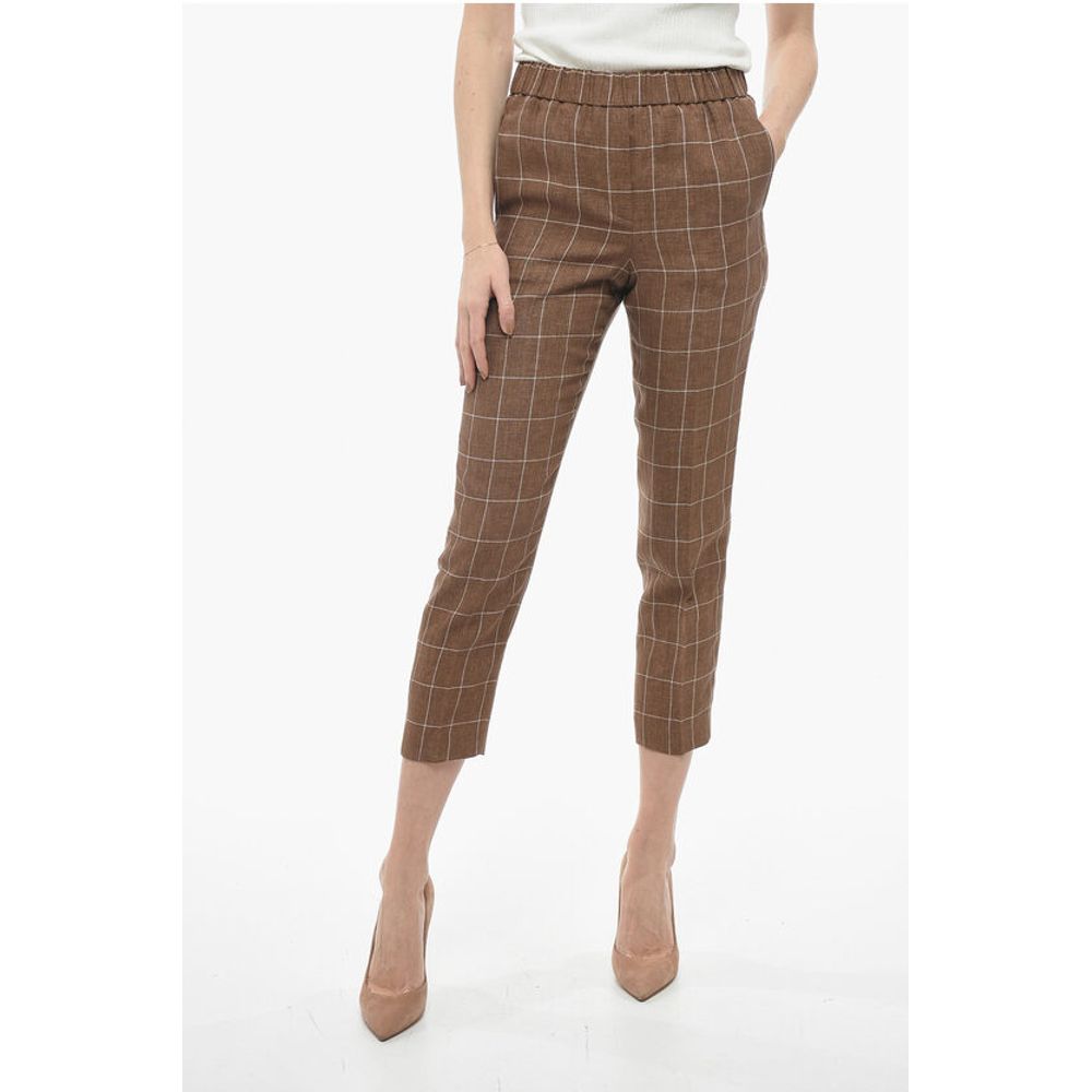 Peserico Windowpane Check Flax Pants with Elastic Waistband