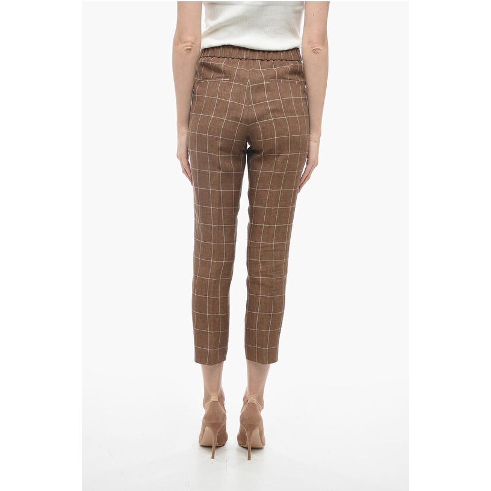 Peserico Windowpane Check Flax Pants with Elastic Waistband