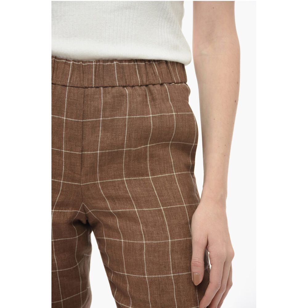 Peserico Windowpane Check Flax Pants with Elastic Waistband