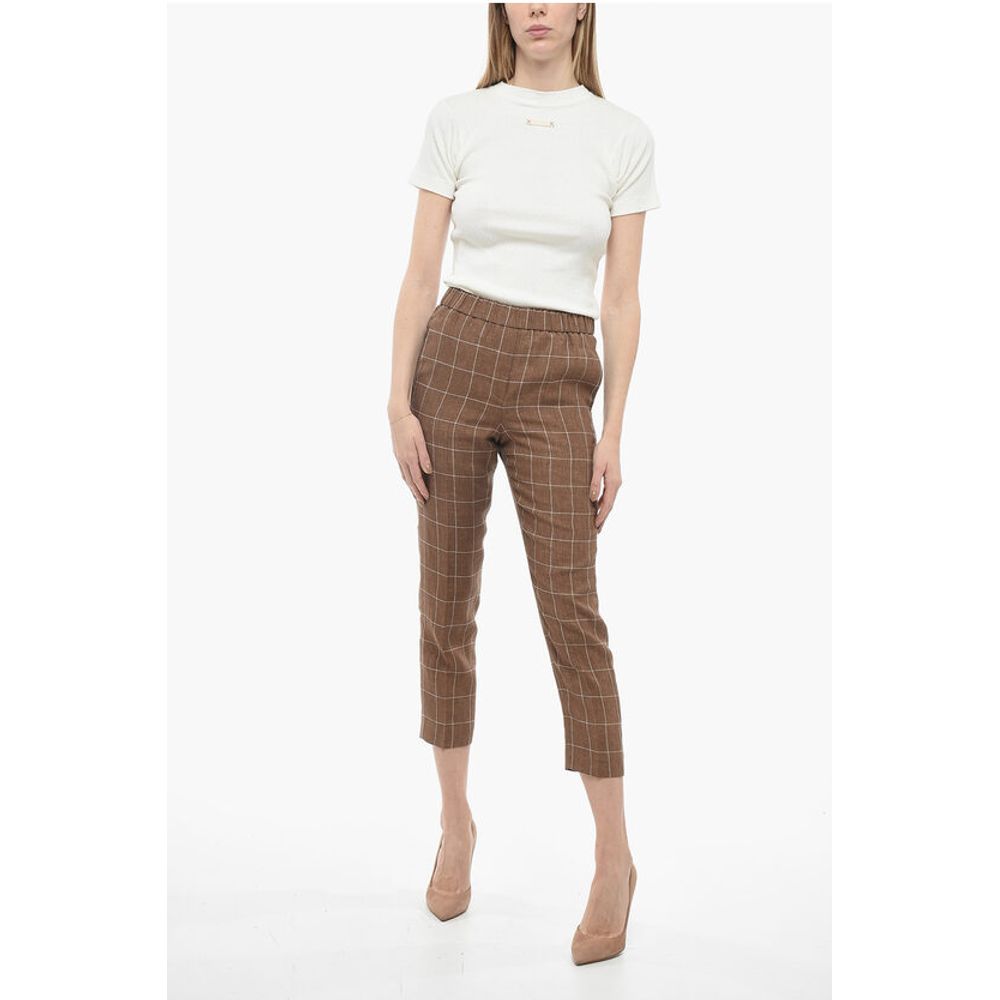 Peserico Windowpane Check Flax Pants with Elastic Waistband