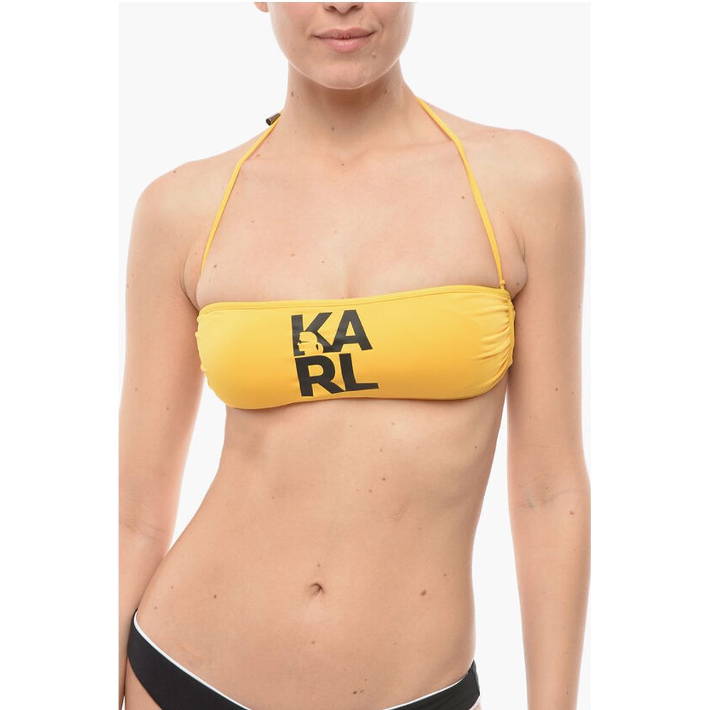 Karl Lagerfeld Solid Color Bandeau Bikini Top with Printed Contrasting Logo