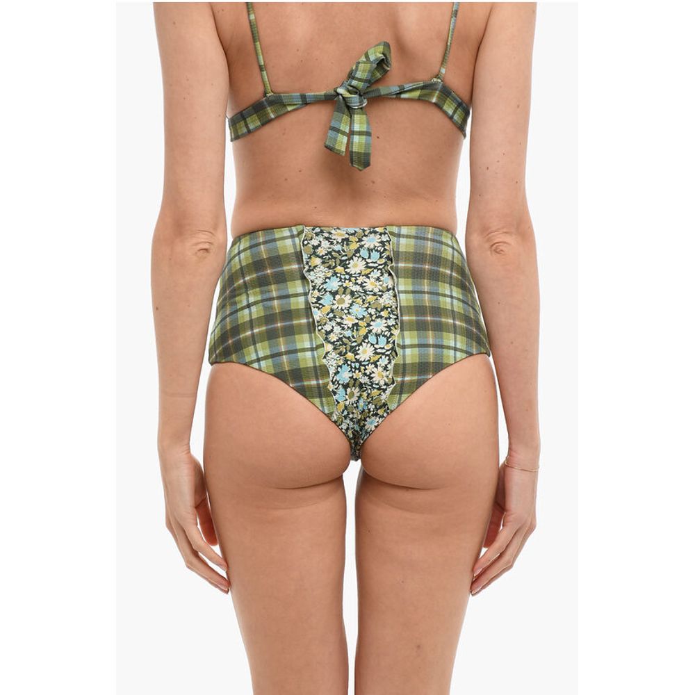 Marysia High Waist Checked Bikini Bottom with Floral Details