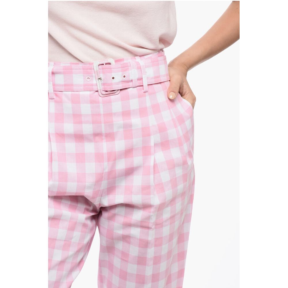 Prada Single-pleated Vichy Cotton Pants with Belt