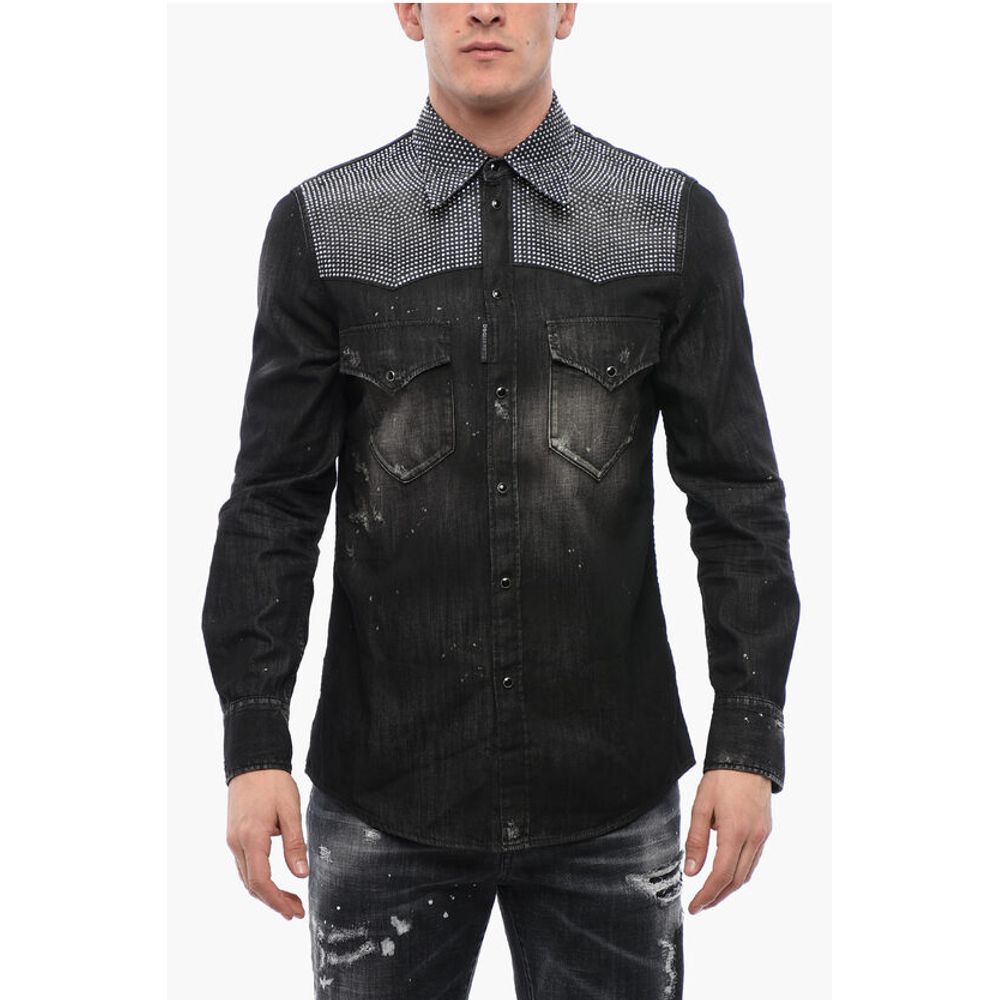 Dsquared² Distressed Denim Shirt with Rhinestones
