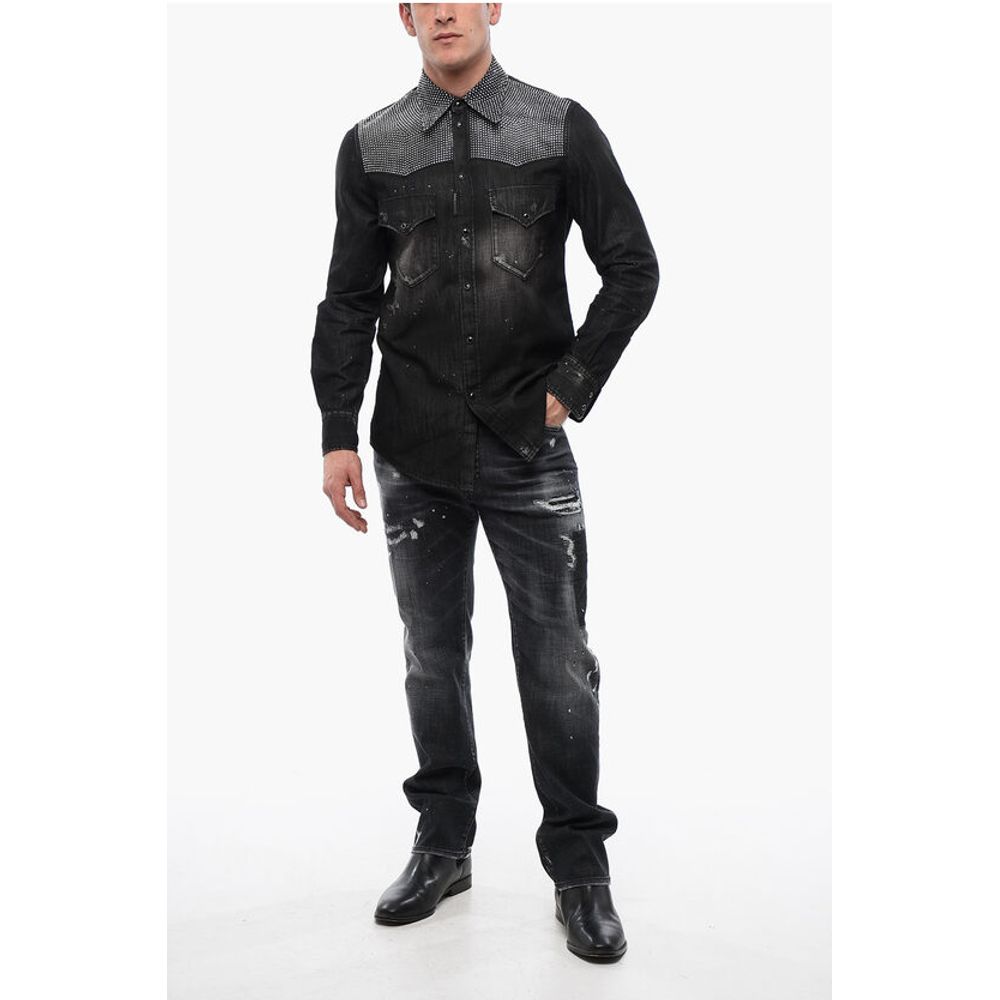 Dsquared² Distressed Denim Shirt with Rhinestones