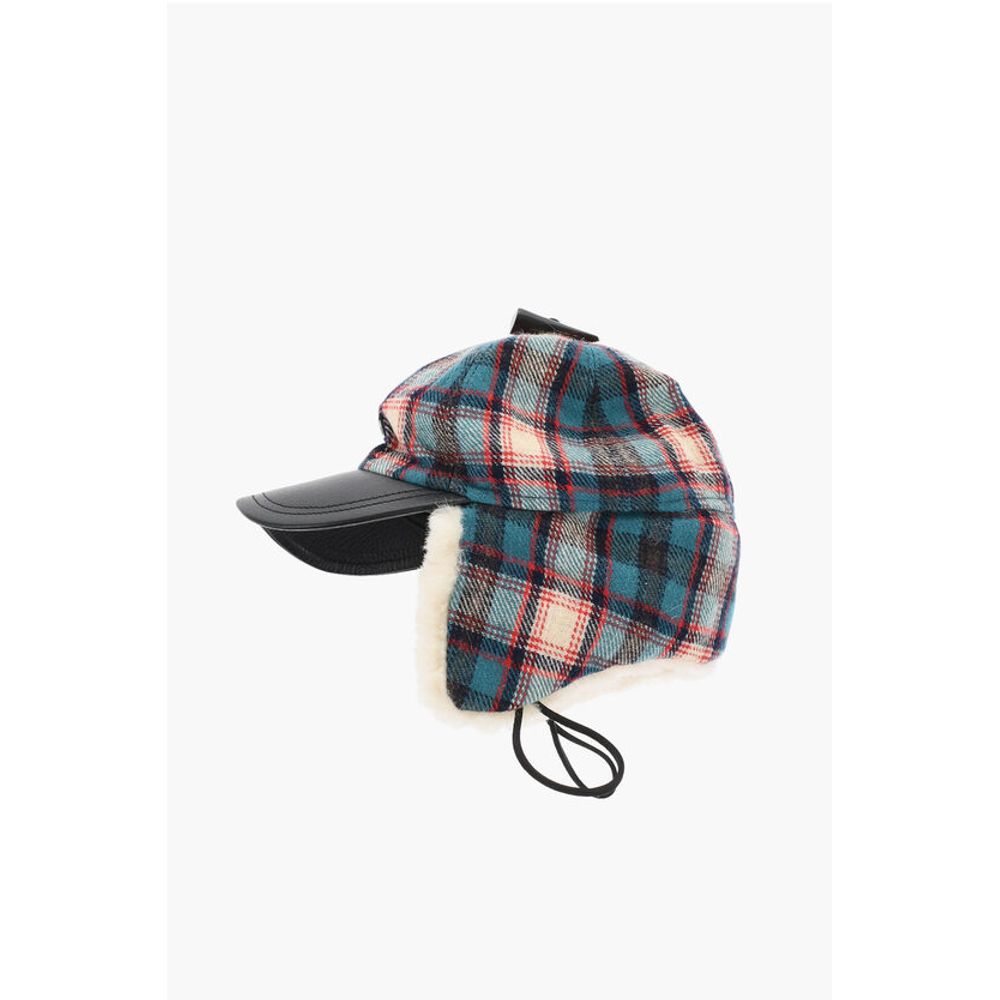 Dsquared² Checked Wool Blend Deerstalker Hat with Textured Leater Viso