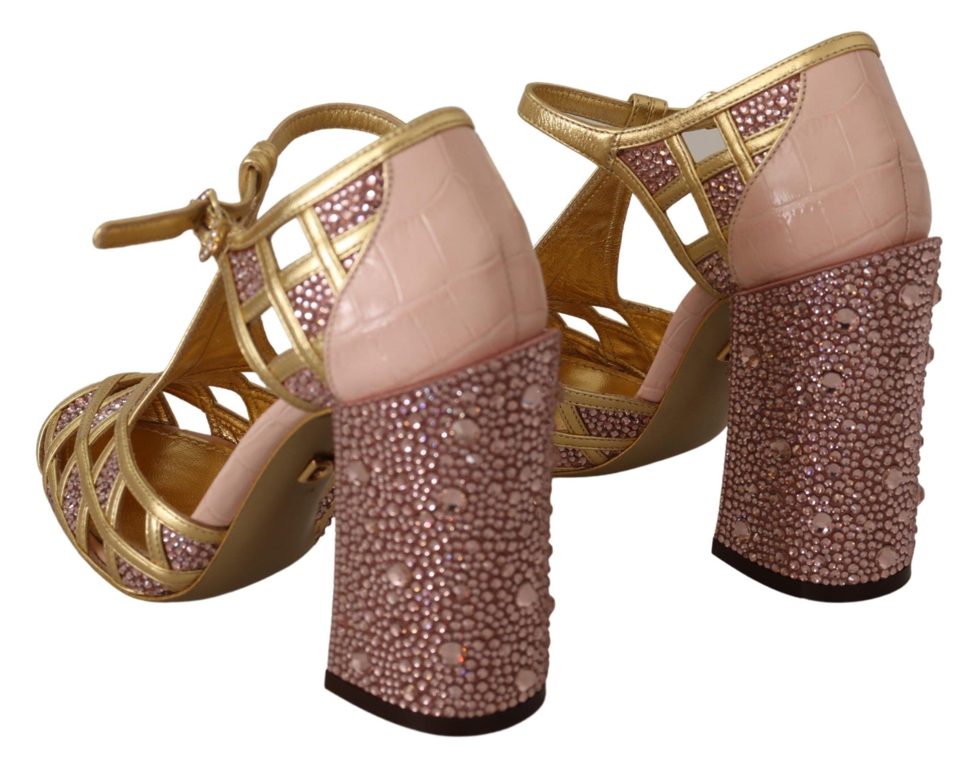 Dolce & Gabbana Silk-Infused Leather Crystal Pumps in Pink Gold - PER.FASHION