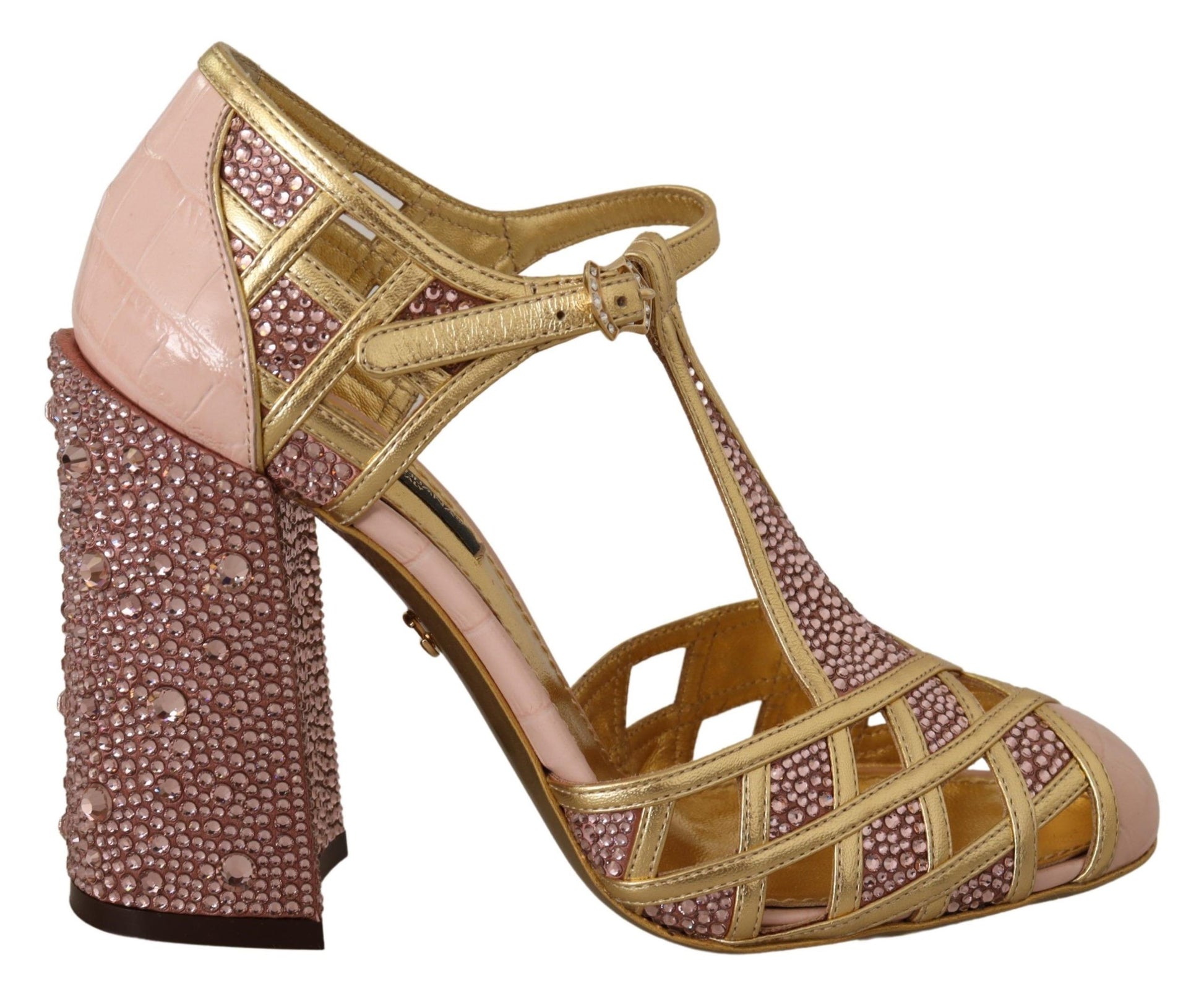 Dolce & Gabbana Silk-Infused Leather Crystal Pumps in Pink Gold - PER.FASHION
