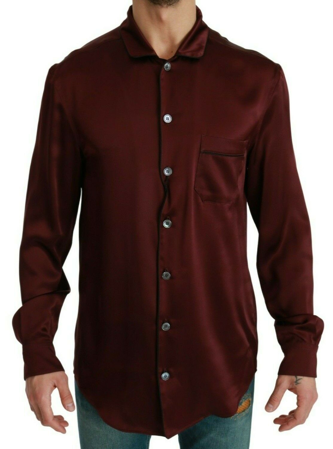 Dolce & Gabbana Bordeaux Silk Pajama-Inspired Shirt - PER.FASHION