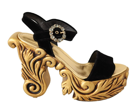 Dolce & Gabbana Baroque Velvet Heels in Black and Gold - PER.FASHION