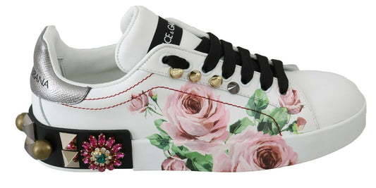 Dolce & Gabbana Floral Crystal-Embellished Leather Sneakers - PER.FASHION