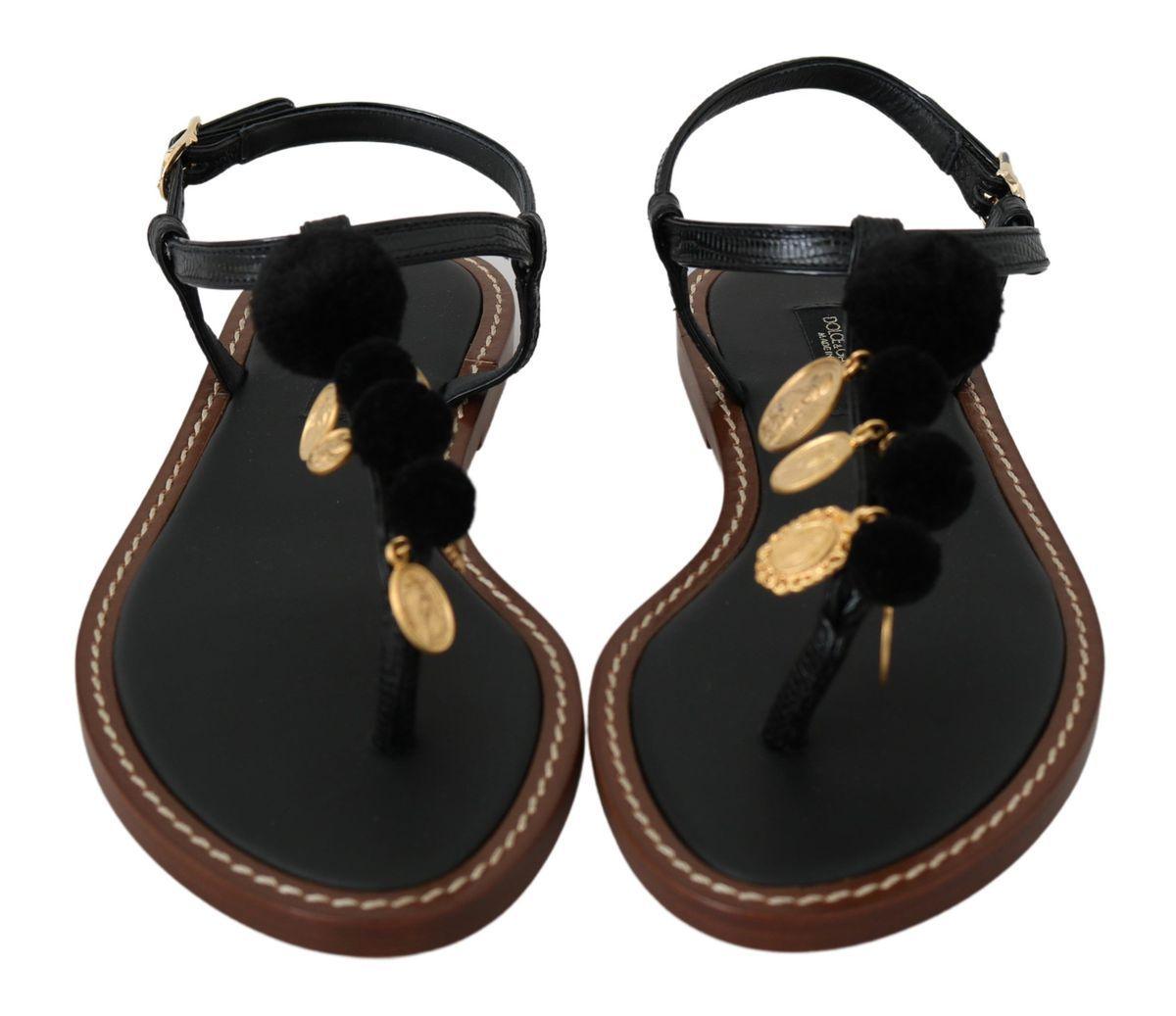 Dolce & Gabbana Pom Pom Flip Flop Ankle Strap Flats - PER.FASHION