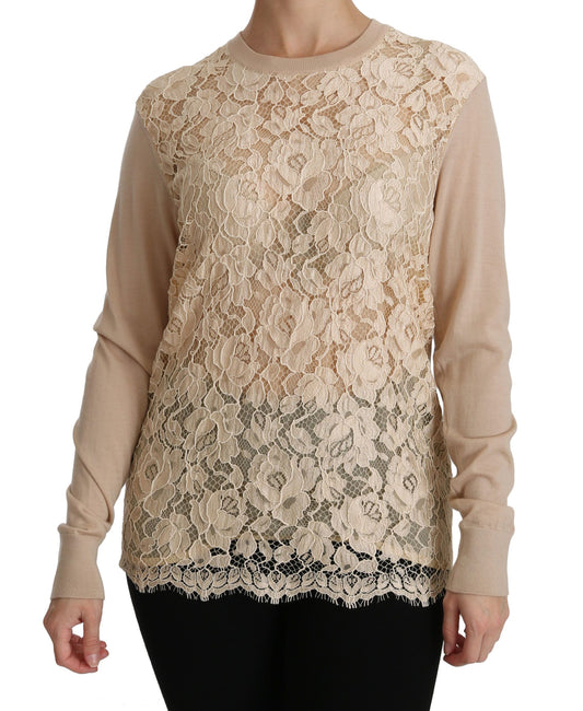 Dolce &amp; Gabbana Elegante camicetta in cashmere girocollo in pizzo beige