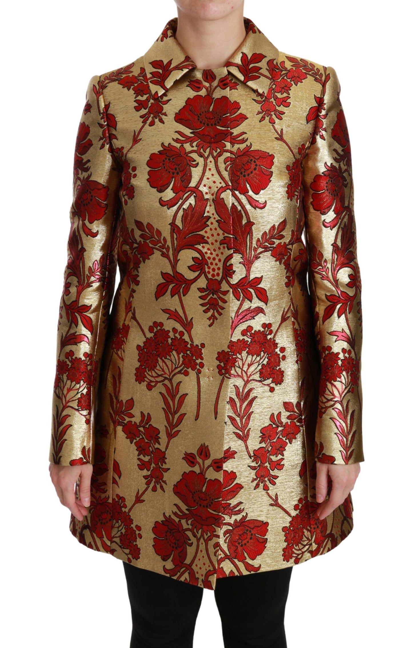 Dolce & Gabbana Elegant Gold Floral Brocade Trench Coat