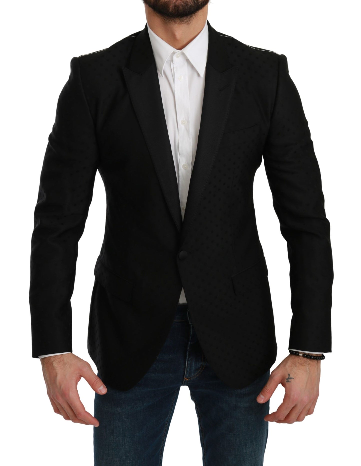 Dolce &amp; Gabbana Elegante Blazer Nero a Pois in Misto Lana