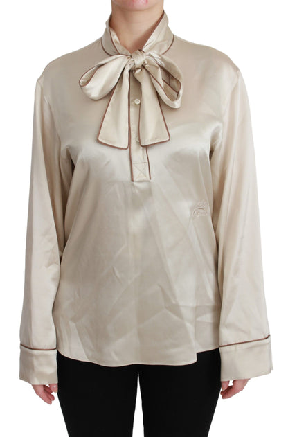 Dolce &amp; Gabbana Blusa Elegante in Raso di Seta Beige con Ricamo QUEEN