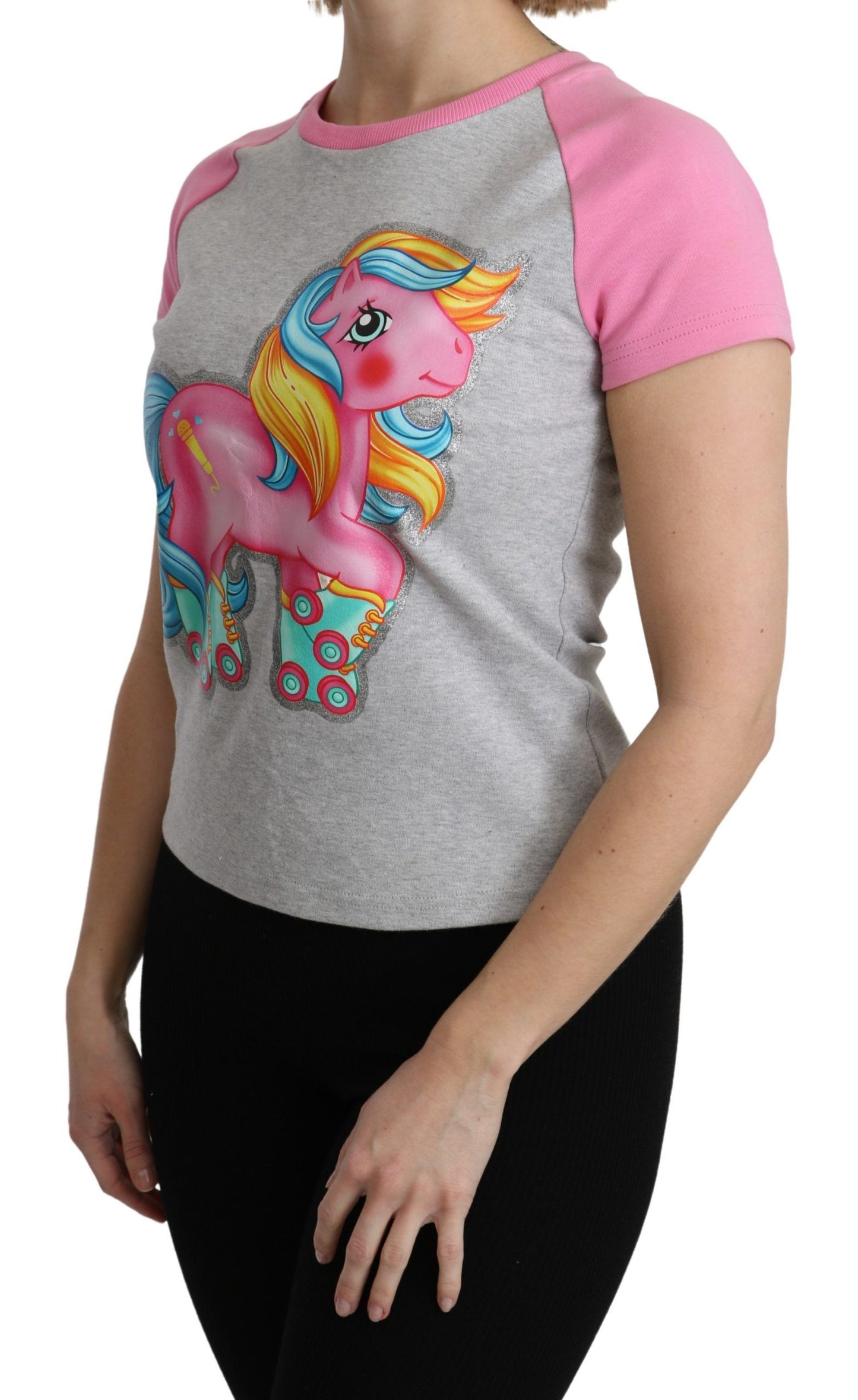 T-shirt Moschino Chic in cotone girocollo grigio con accenti rosa