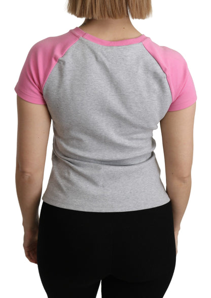 T-shirt Moschino Chic in cotone girocollo grigio con accenti rosa