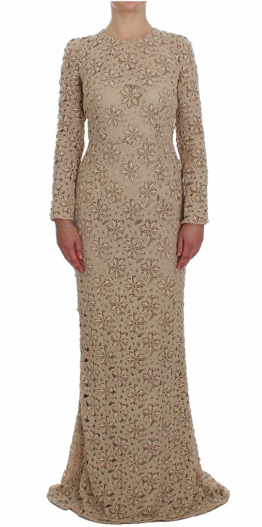 Dolce &amp; Gabbana Abito lungo a maniche lunghe in pizzo floreale beige