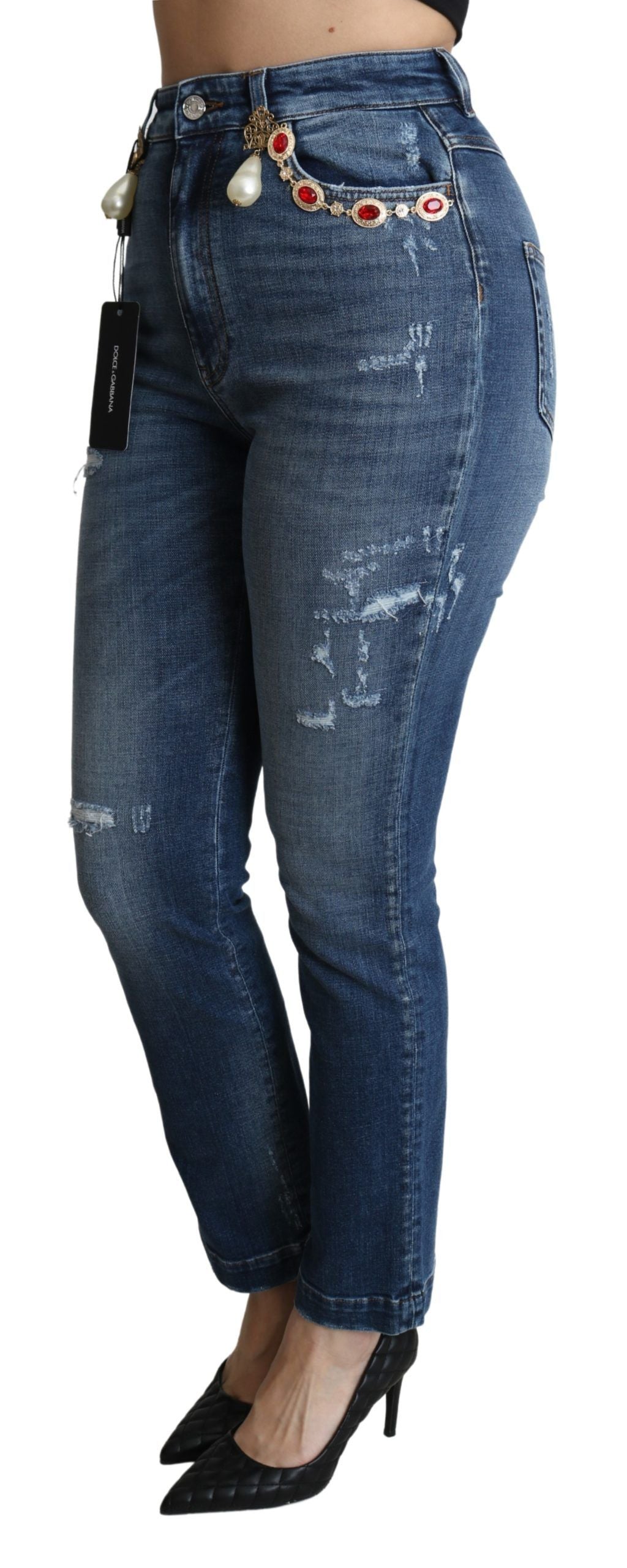 Jeans blu con borchie di cristalli incantati Dolce &amp; Gabbana