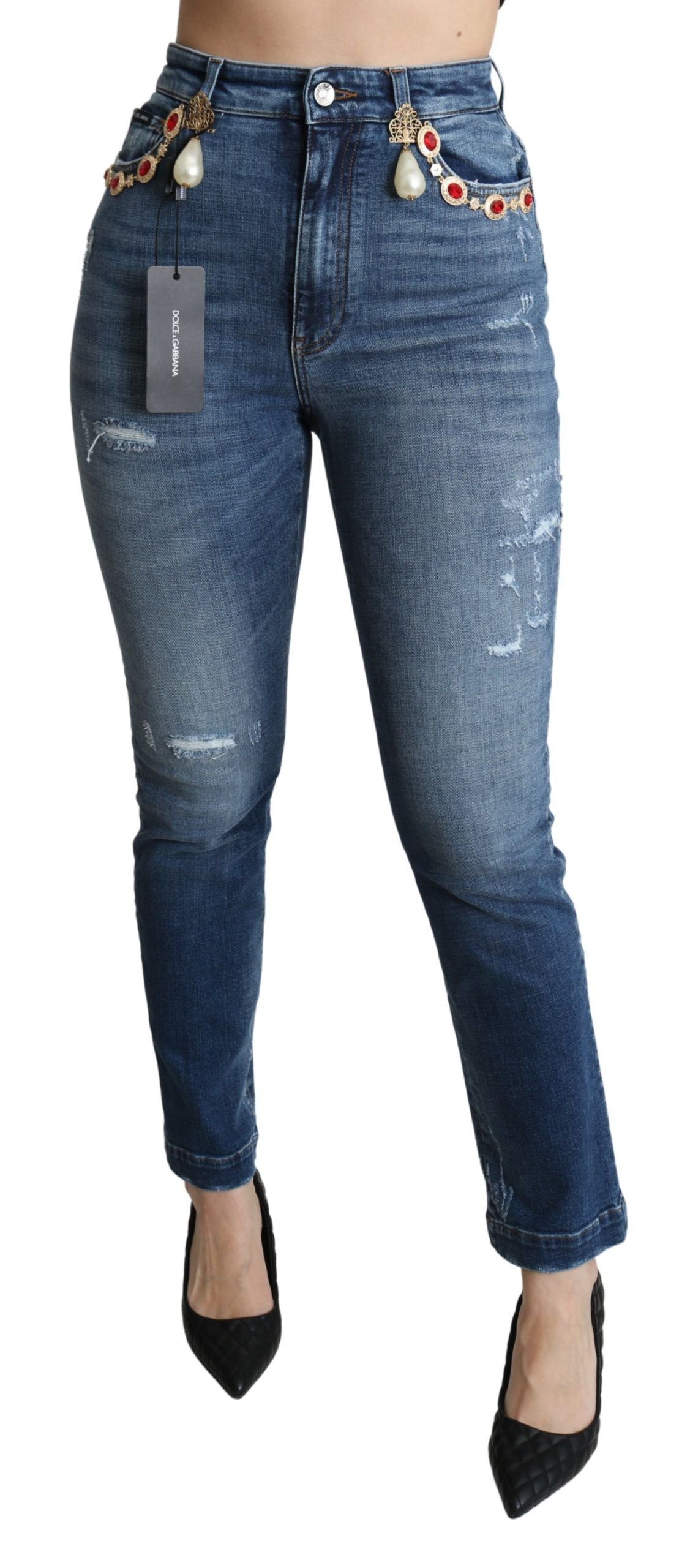 Jeans blu con borchie di cristalli incantati Dolce &amp; Gabbana