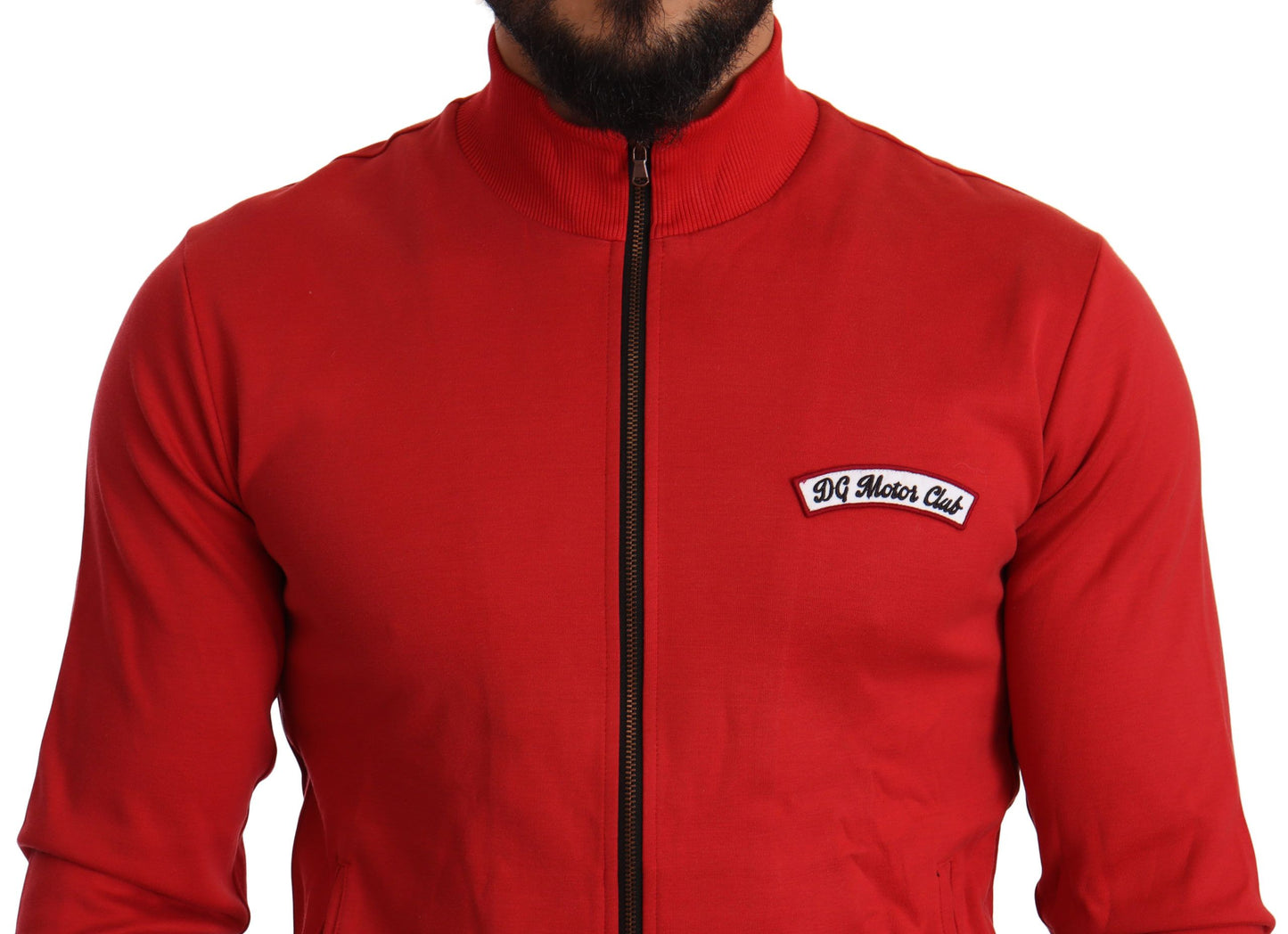 Dolce &amp; Gabbana Elegante maglione rosso con zip intera con motivo DG Motor Club