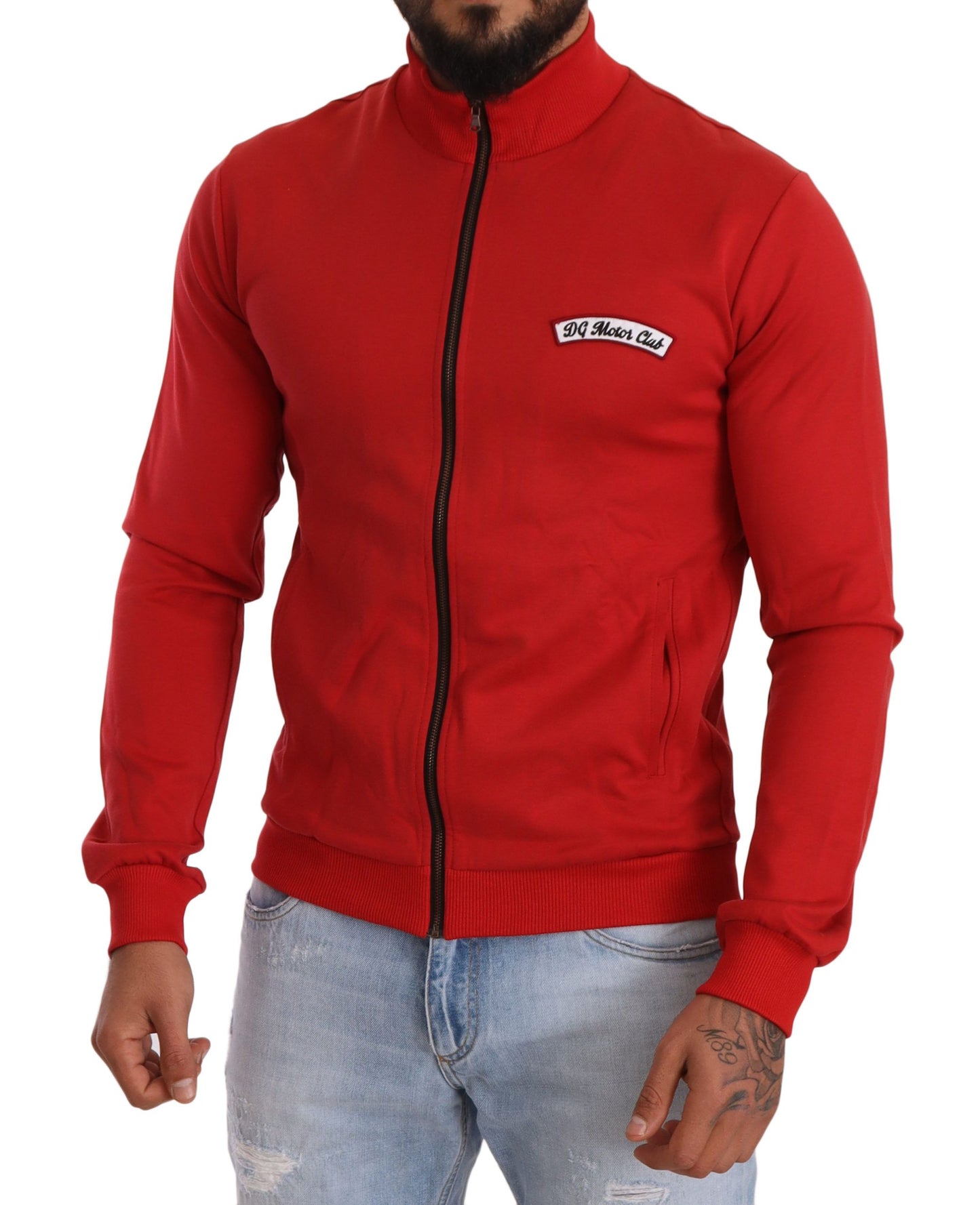 Dolce &amp; Gabbana Elegante maglione rosso con zip intera con motivo DG Motor Club