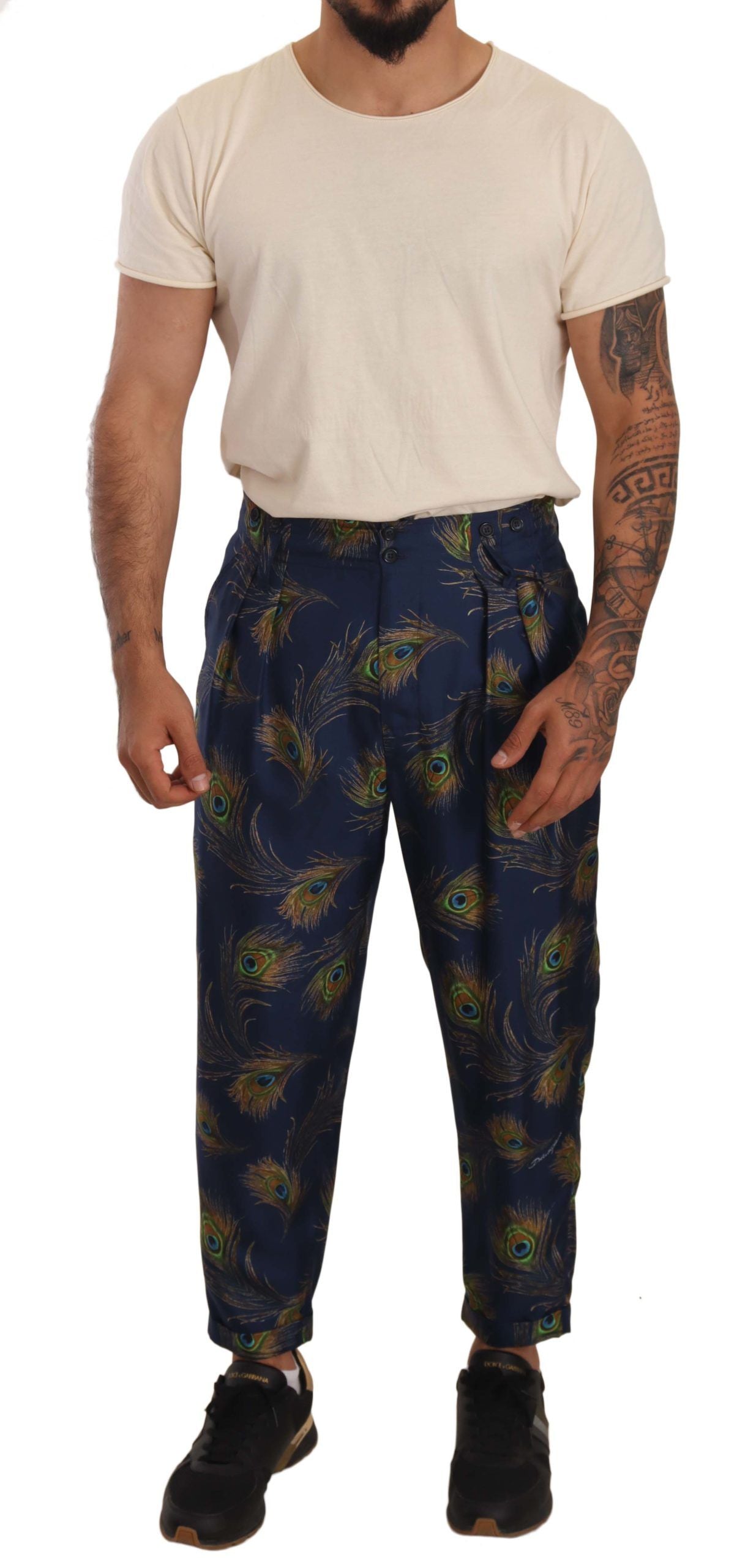 Pantaloni in seta con stampa pavone di Dolce &amp; Gabbana