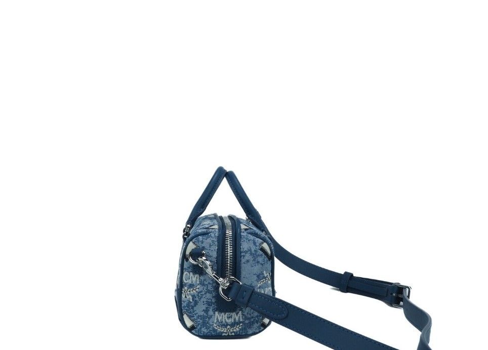 MCM Boston Mini Blue Vintage Jacquard Logo Fabric Satchel Crossbody Handbag