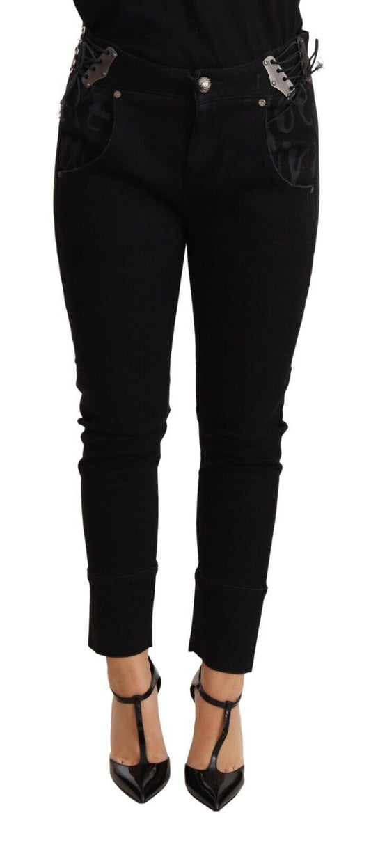 Ermanno Scervino Pantalone Chic Skinny in Cotone Nero a Vita Bassa