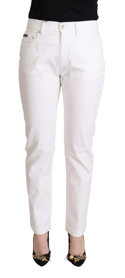 Dolce &amp; Gabbana Chic Jeans in denim bianco affusolato con toppa con logo