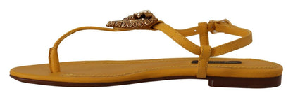 Dolce & Gabbana Mustard T-Strap Flat Sandals with Heart Embellishment