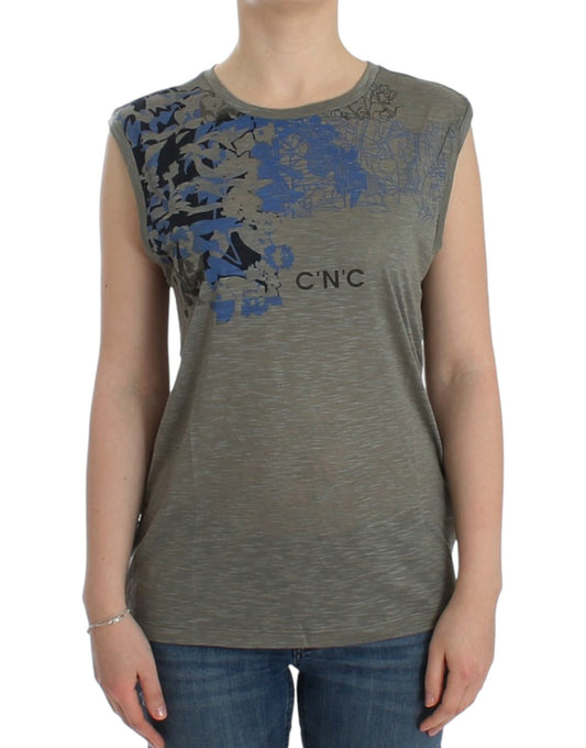 Costume National Chic Sleeveless Gray Top with Blue Detailing