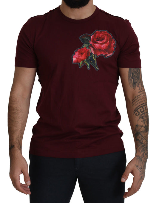 Dolce &amp; Gabbana T-shirt girocollo elegante con motivo rose bordeaux