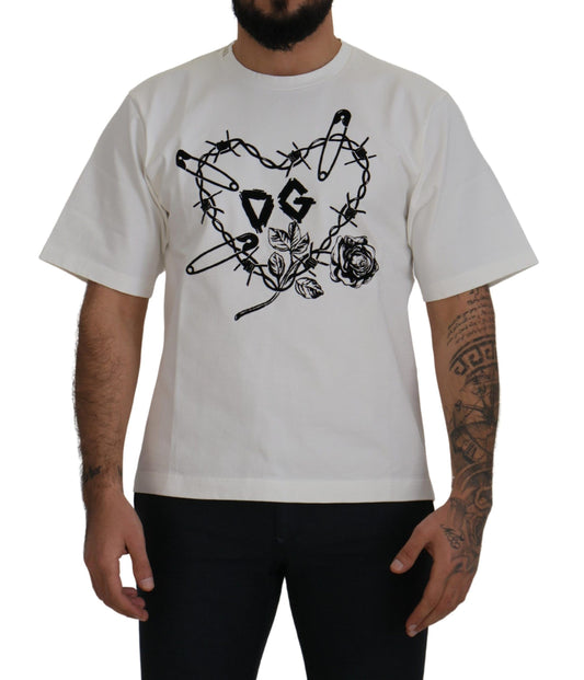 Dolce &amp; Gabbana T-shirt girocollo elegante con rose bianche a cuore