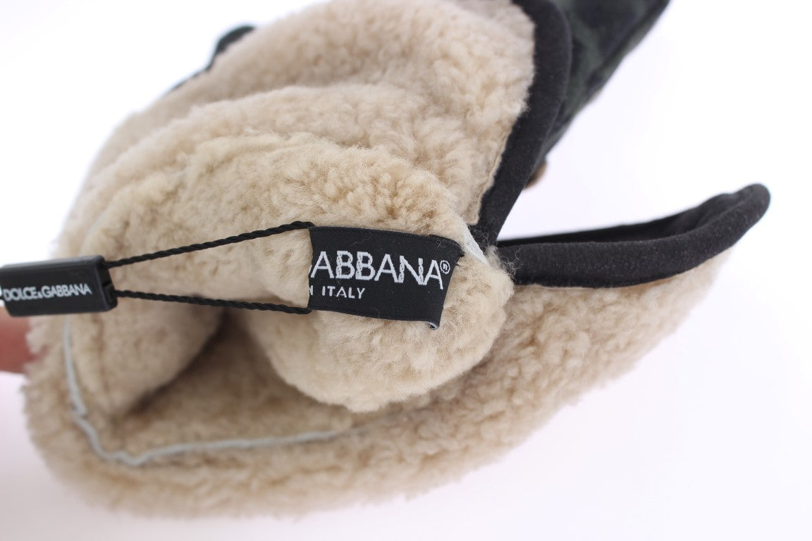 Guanti eleganti in shearling di lana grigia con borchie Dolce &amp; Gabbana