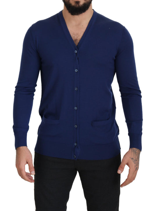 Dolce &amp; Gabbana Maglione Cardigan Elegante In Lana Vergine Blu