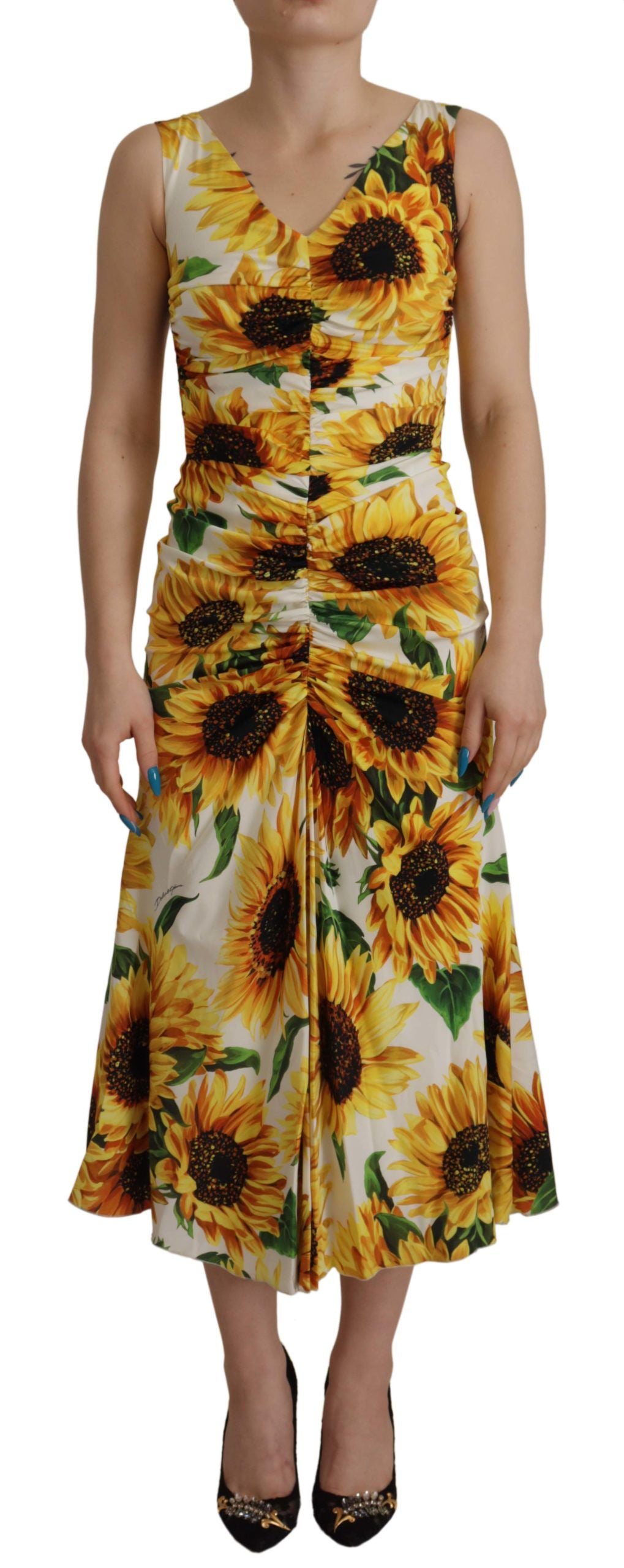 Dolce &amp; Gabbana Elegante abito midi con stampa floreale bianca