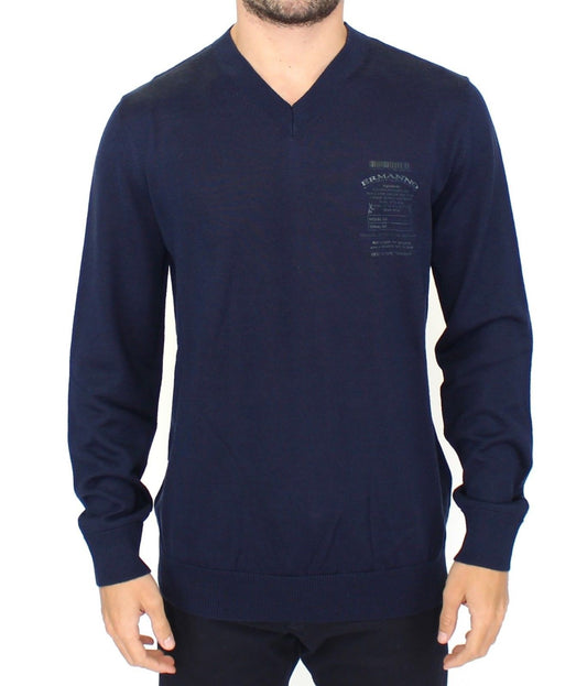 Ermanno Scervino Elegante pullover blu in misto lana con scollo a V