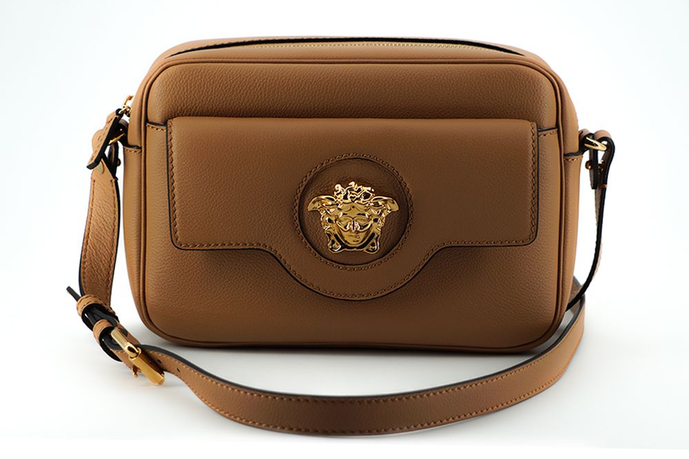 Borsa a tracolla Versace elegante in pelle marrone per fotocamera